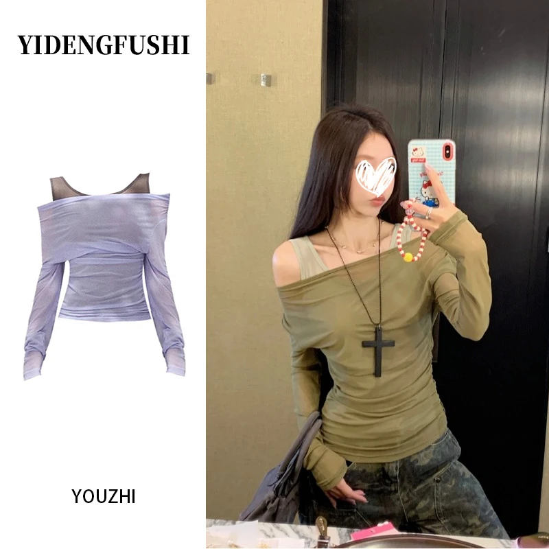 YIDENG辣妹风设计感假两件网纱长袖T恤女夏季薄款防晒百搭上衣潮