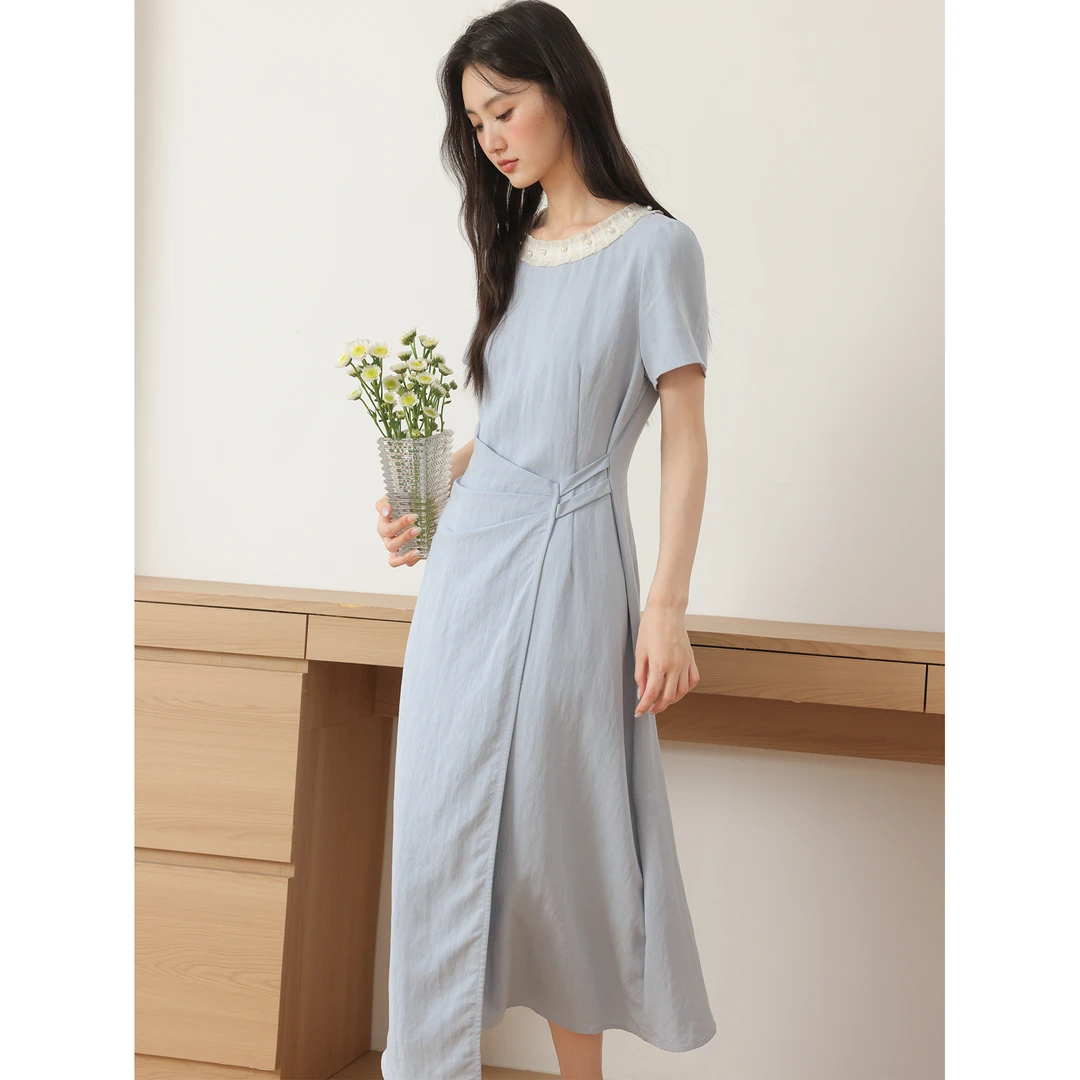 爱蔷薇大码钉珠短袖法式连衣裙高级感夏季长裙女蓝色裙子GT77803