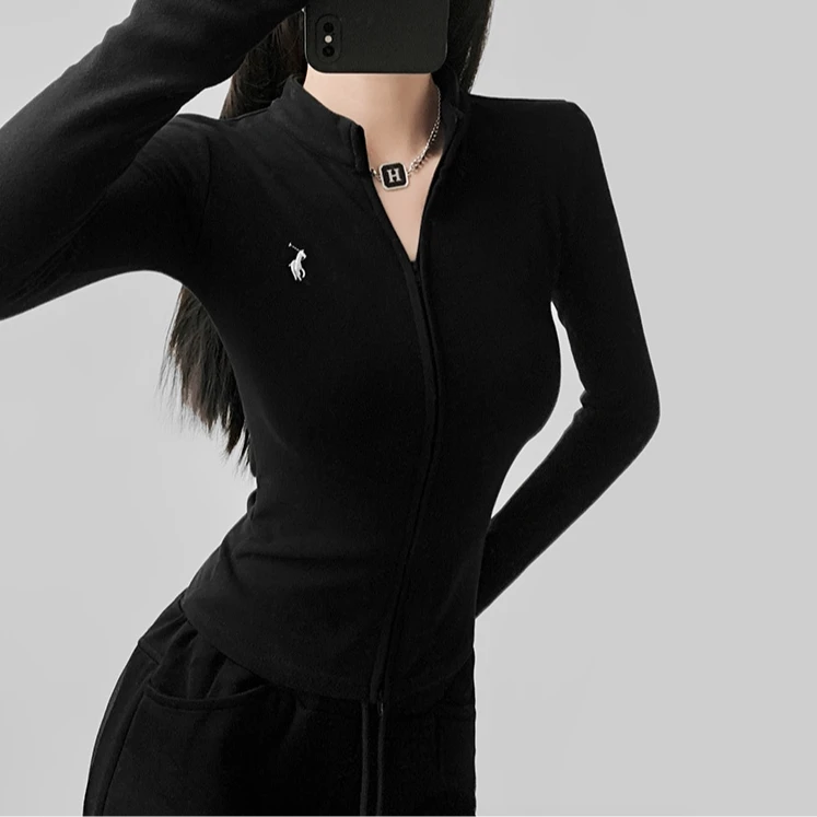 夏春茶立领刺绣双拉链开衫2024秋冬女装新款修身显瘦保暖外套