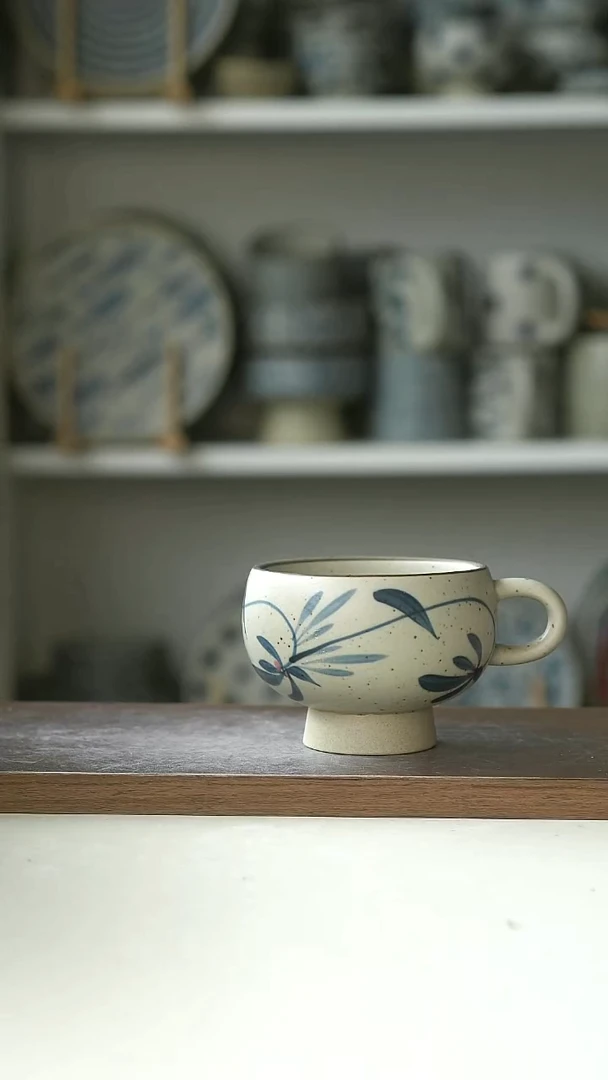 陶粗陶手绘常春藤高足蛋杯220ml@4-2@