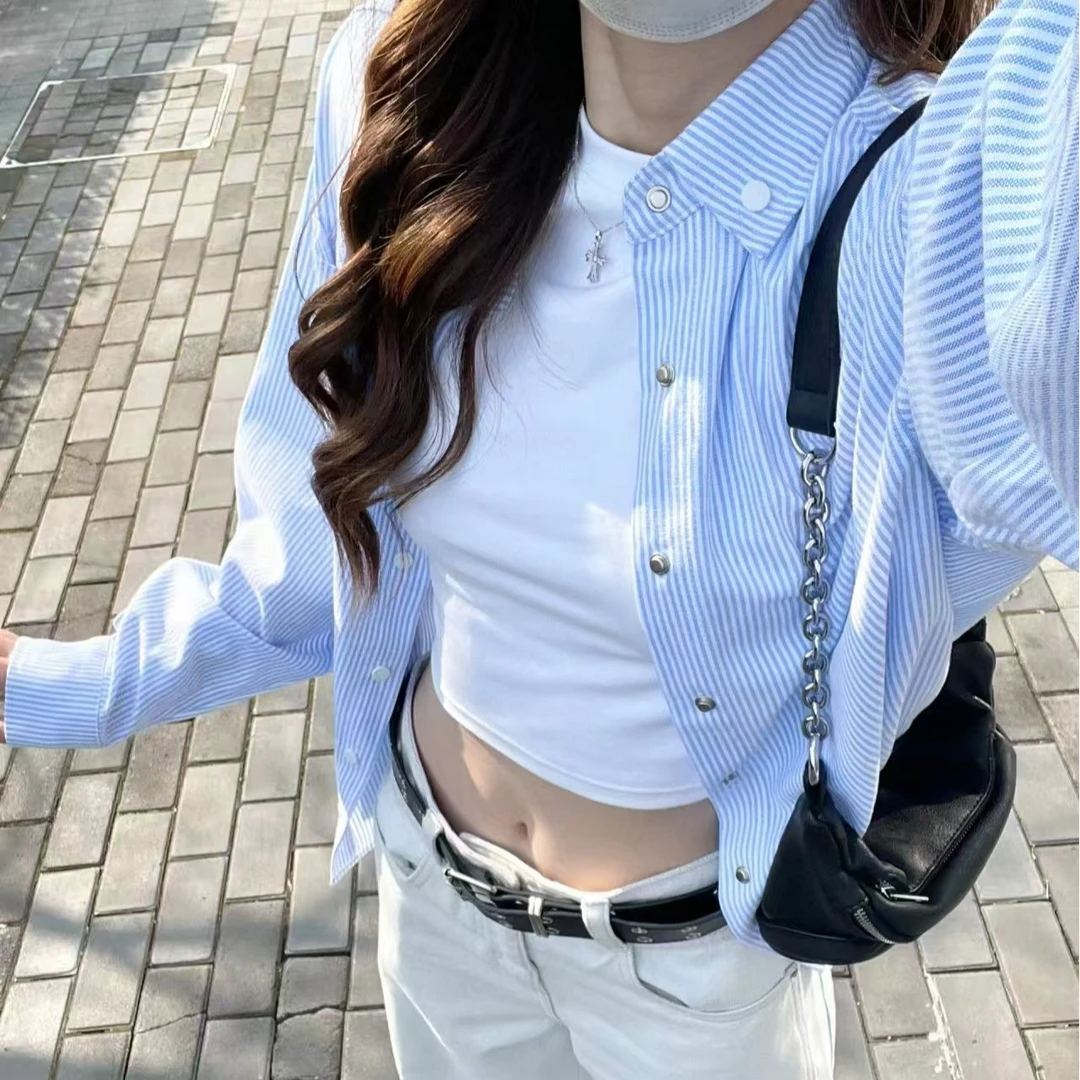 国潮蓝色条纹2025衬衣衬衫外套女春夏新款法式设计感气质上衣刺绣