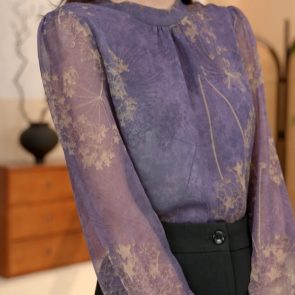 LM春装新款立领碎花黑色衫网纱长袖OL职业气质上衣女