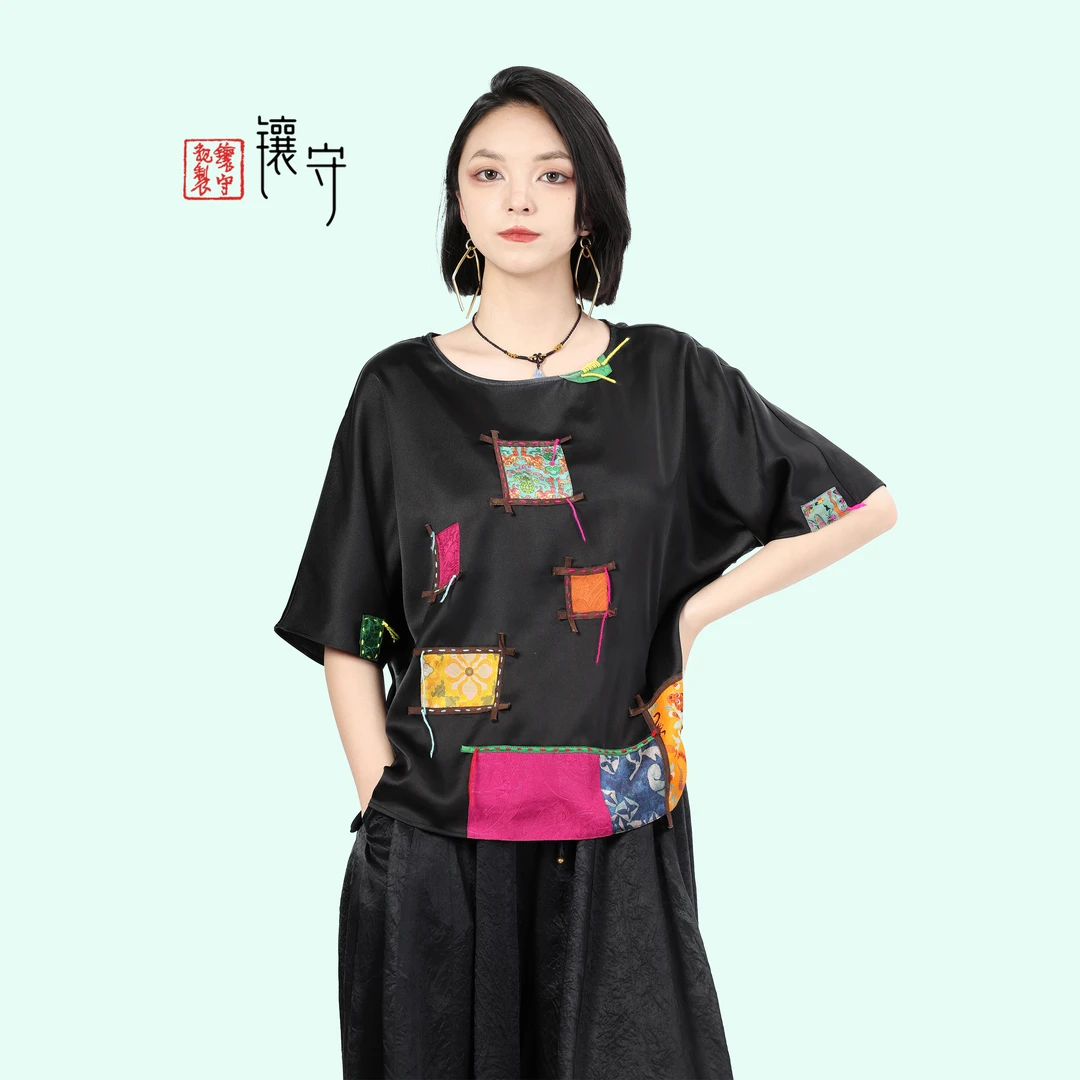 【镶守·梧桐】轻中式休闲百搭复古潮酷设计高端蝙蝠袖上衣G3963黑拼