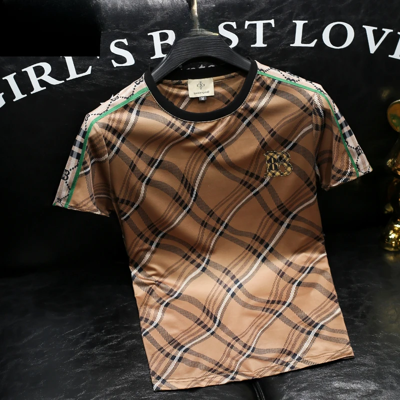 丝光棉格子圆领短袖T恤男士青年修身高级感休闲夏季新款半袖衣服t