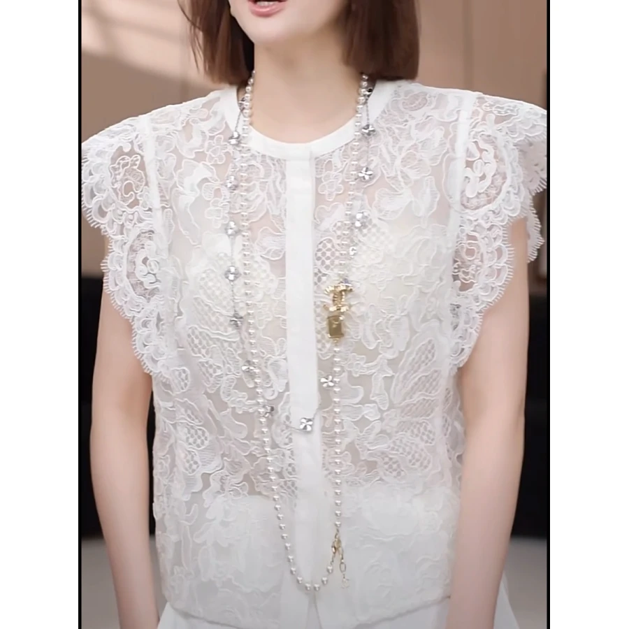 重工镂空短袖蕾丝衫女2025夏季新款韩版宽松洋气圆领白色短款上衣