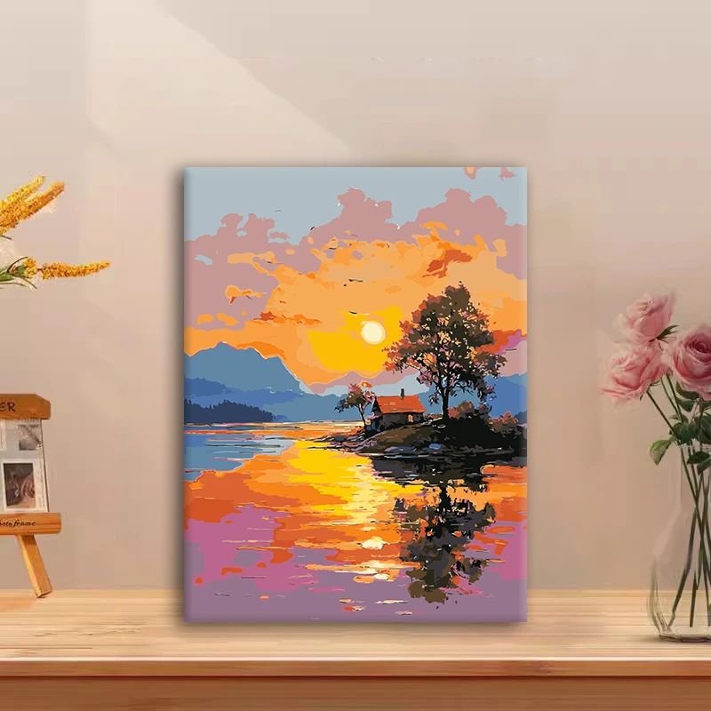 （夕阳醉美）diy数字油画红线条手工填涂色解压治愈丙烯装饰画