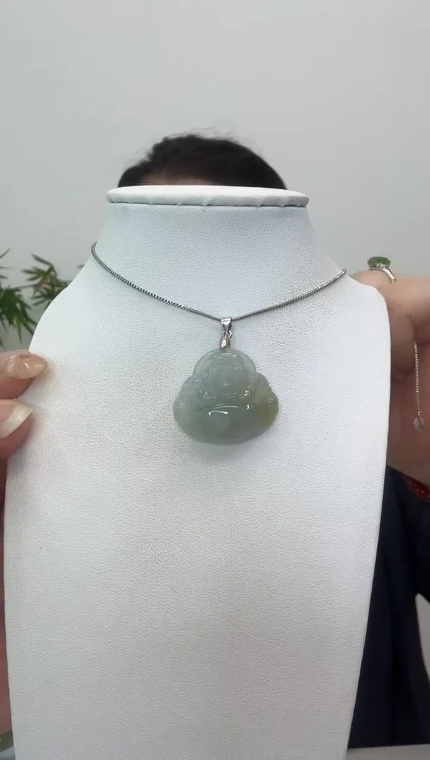 翡翠银S925镶嵌颈饰小冰佛赠合金链