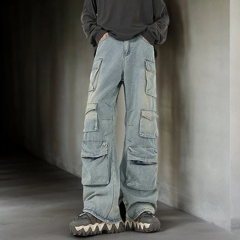 日系多口袋工装牛仔裤男士休闲宽松做旧复古百搭水洗半松紧腰围裤