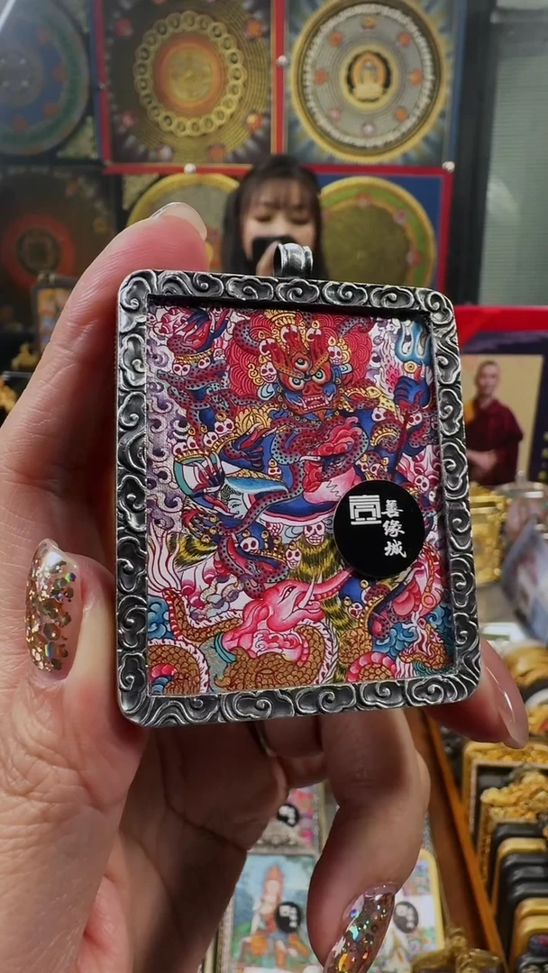 吊坠壹善缘城手绘唐卡六臂大黑天铜壳双面