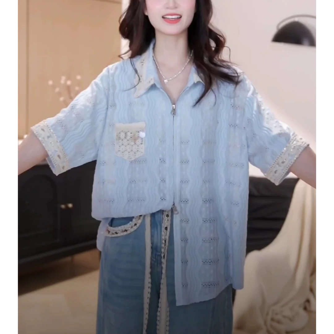 欧若风夏季小清新蕾丝亮片拼接短袖衬衫女气质镂空轻薄款开衫上衣