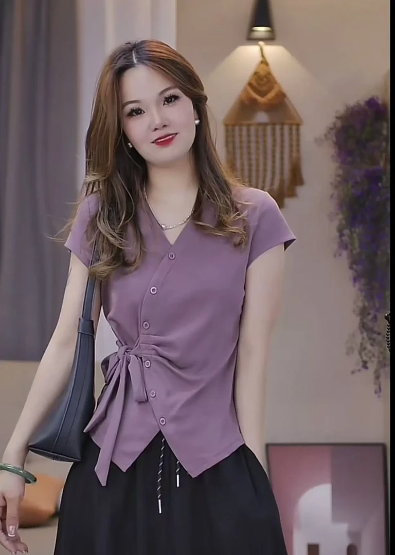 法式设计感V领不规则侧边绑带短袖T恤女夏季新款百搭修身显瘦上衣