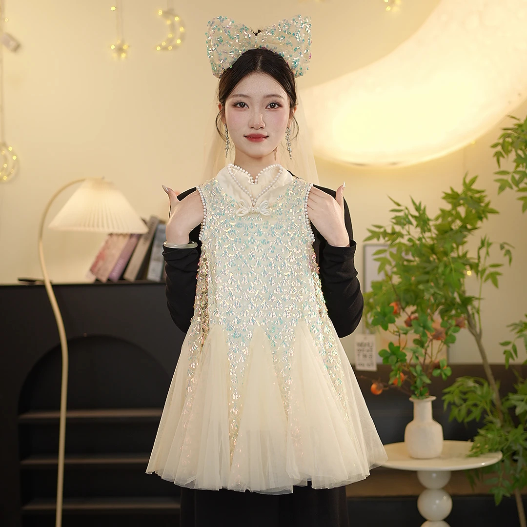 QX【人鱼公主】2026女童夏季新款高端定制新中式渐变人鱼亮片公主裙
