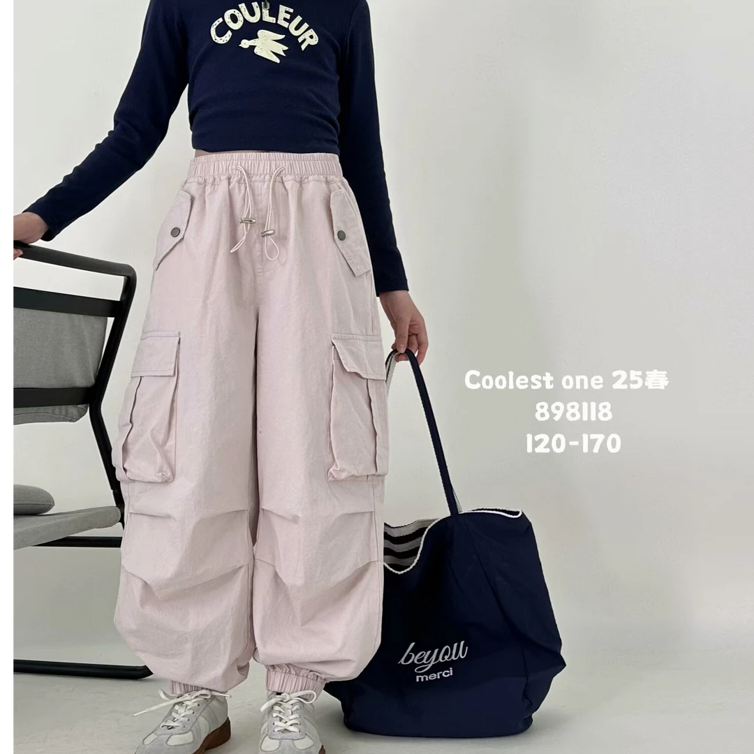 2025春季新款宽松休闲女童工装裤粉色韩版