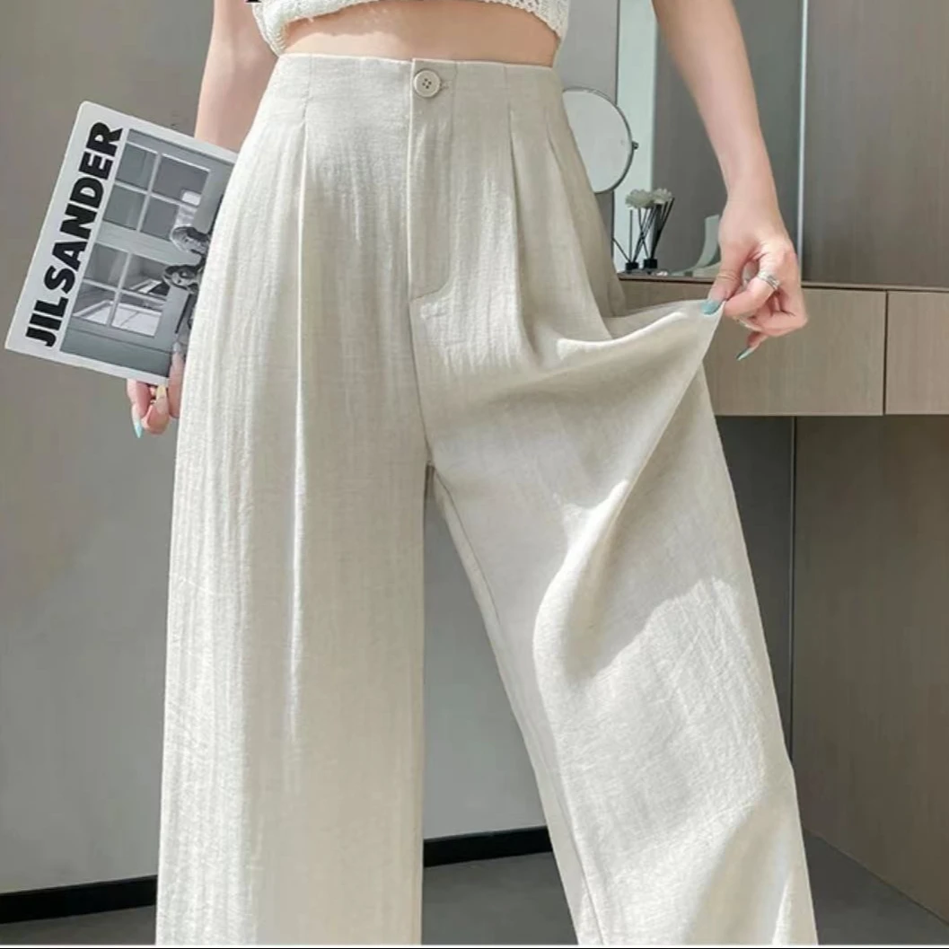 新款天丝亚麻高腰窄版垂感优雅直筒裤25025