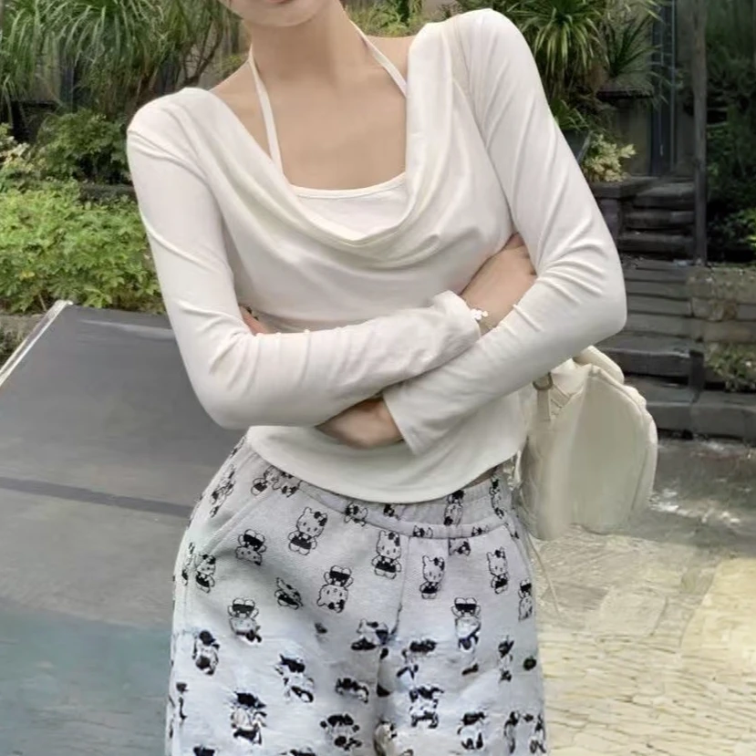 纯欲假两件荡领长袖T恤女春秋高级感挂脖打底修身气质百搭上衣