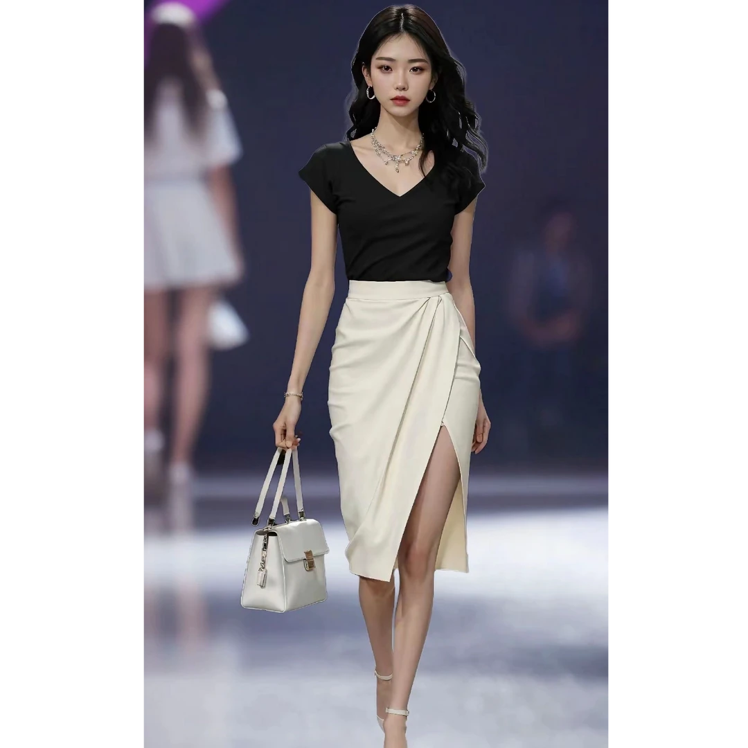 春季黑色V领正肩短袖t恤女夏季新款修身开叉半身裙两件套