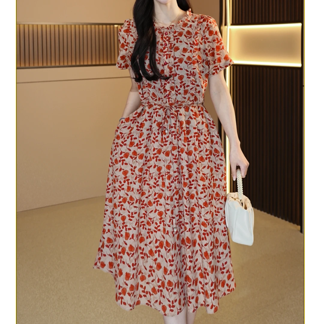 法式2025夏季新款高端显瘦碎花中长款木耳边气质连衣裙长裙【短袖】