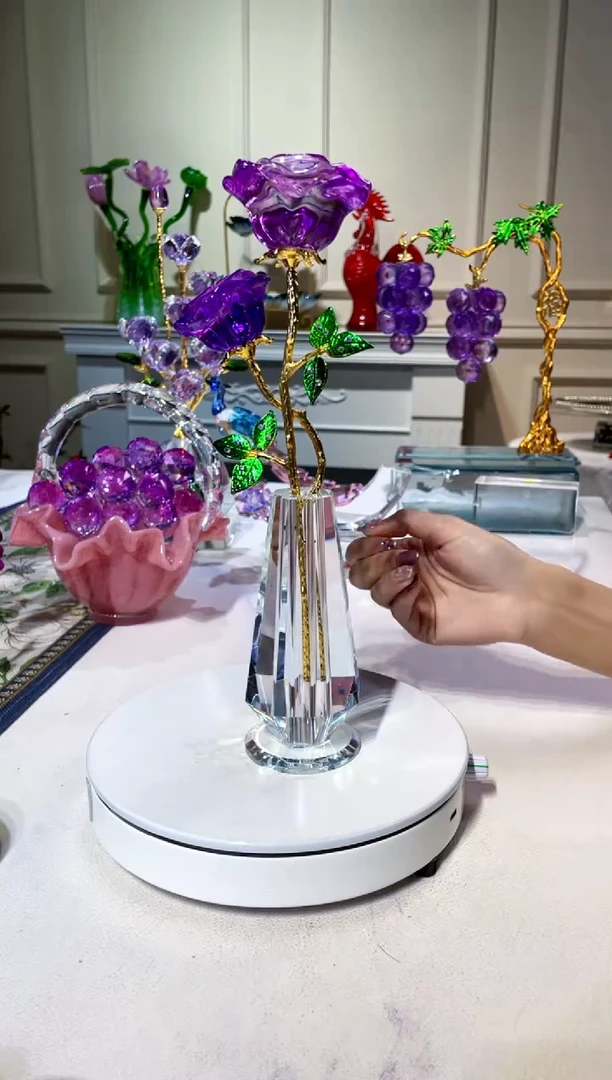 手工艺品琉璃双头紫色玫瑰花摆件