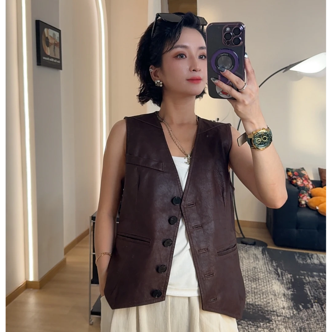 QISHI 重水洗做旧爆裂绵羊皮西装马甲复古女外套显瘦百搭短款V领