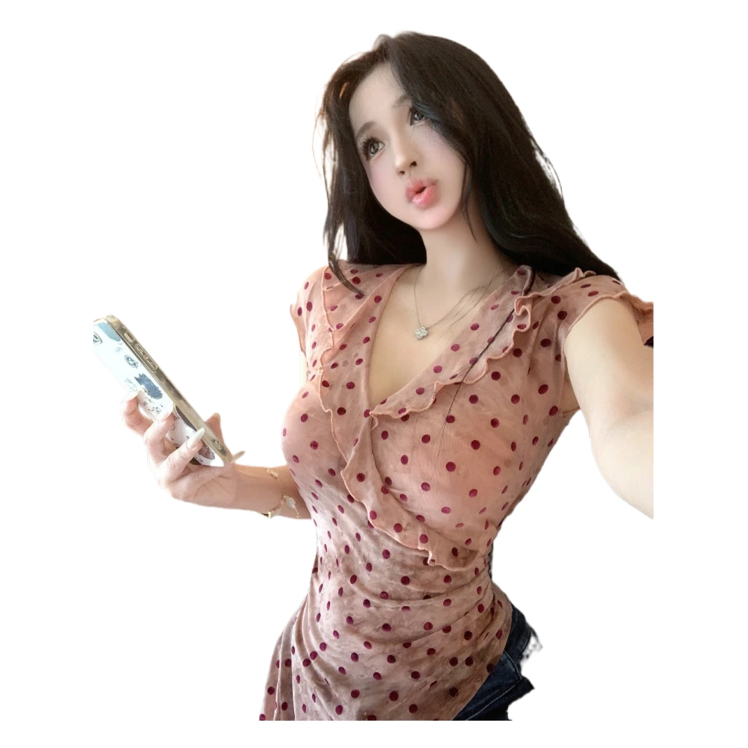 荷叶边粉色波点v领短袖T恤女夏修身收腰纯欲辣妹显瘦上衣夏季百搭