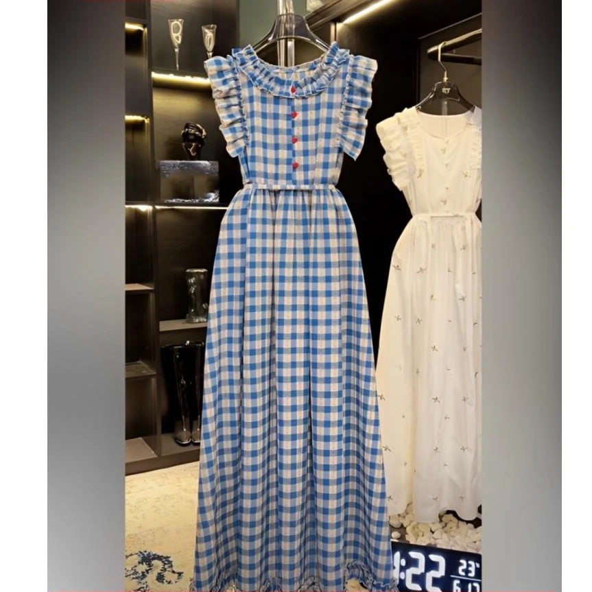 夏季2025新款法气质时尚式显瘦小飞袖蓝色格子中长款连衣裙子女潮