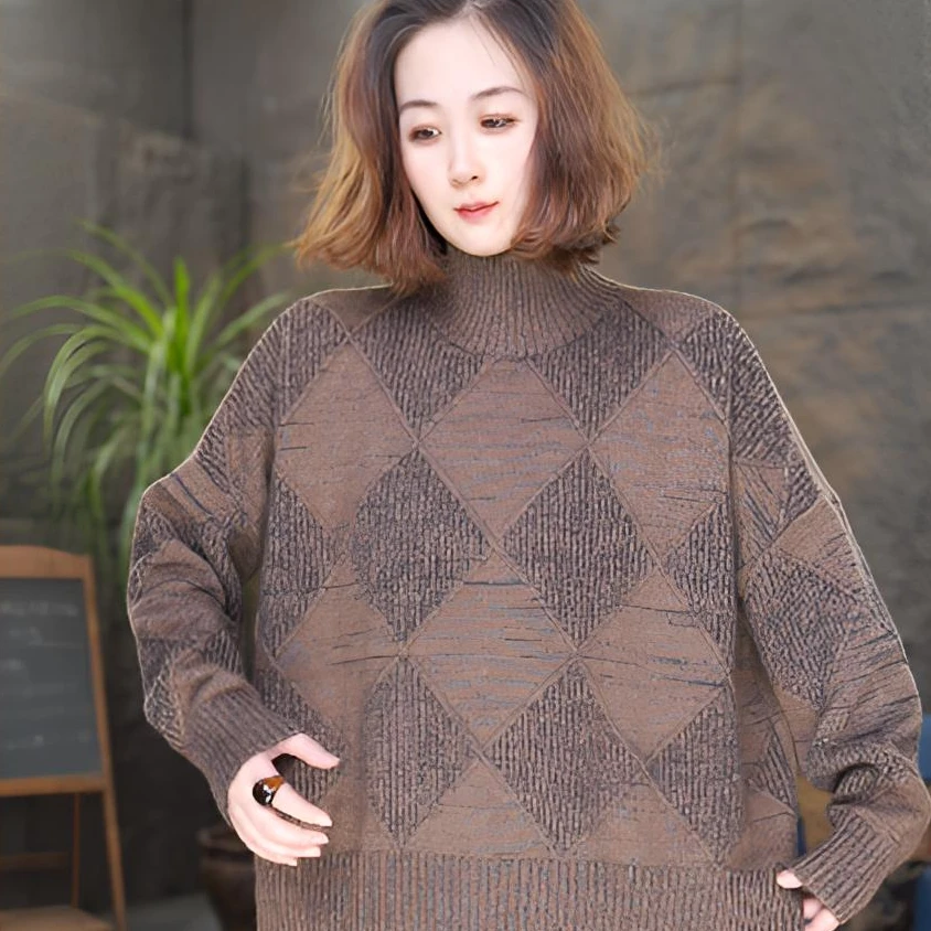 半高领女针织宽松型常规款羊绒衫秋冬保暖宽松上衣毛衣