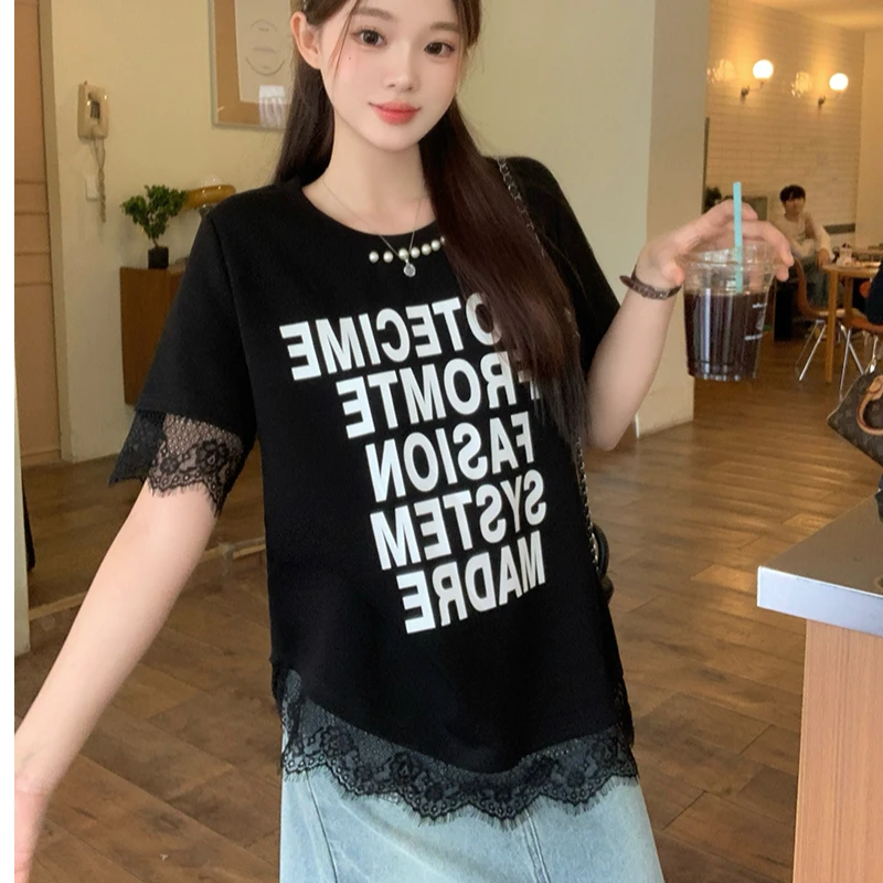 【运费补贴】夏款胖mm大码女复古蕾丝拼接珍珠印花宽松短袖T恤A1034