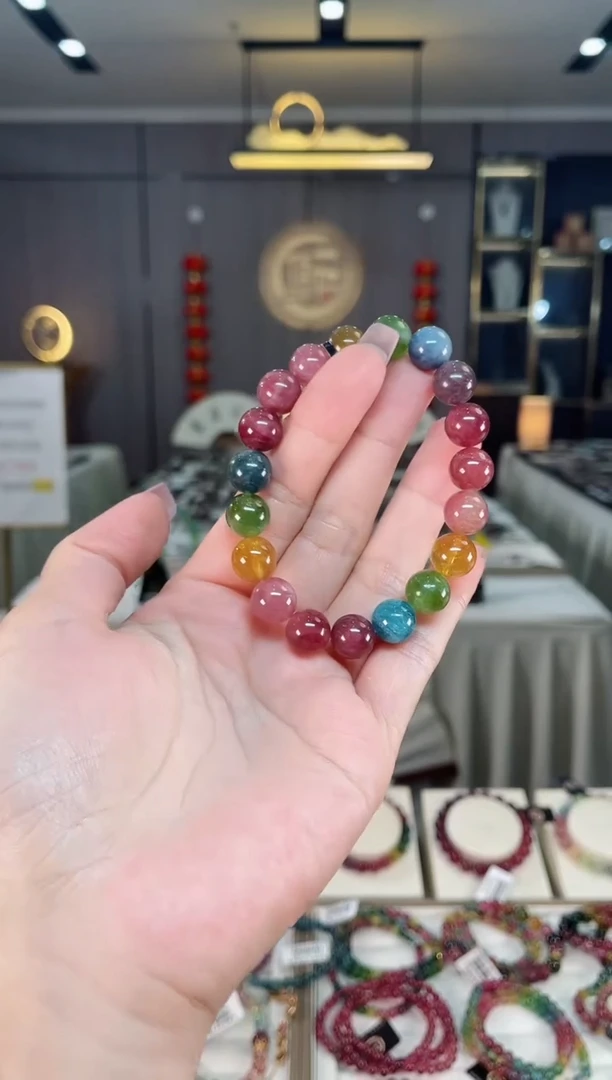 未镶嵌冰透体老矿碧玺色标彩虹单圈手串10mm+碧玺hon多样性发一条