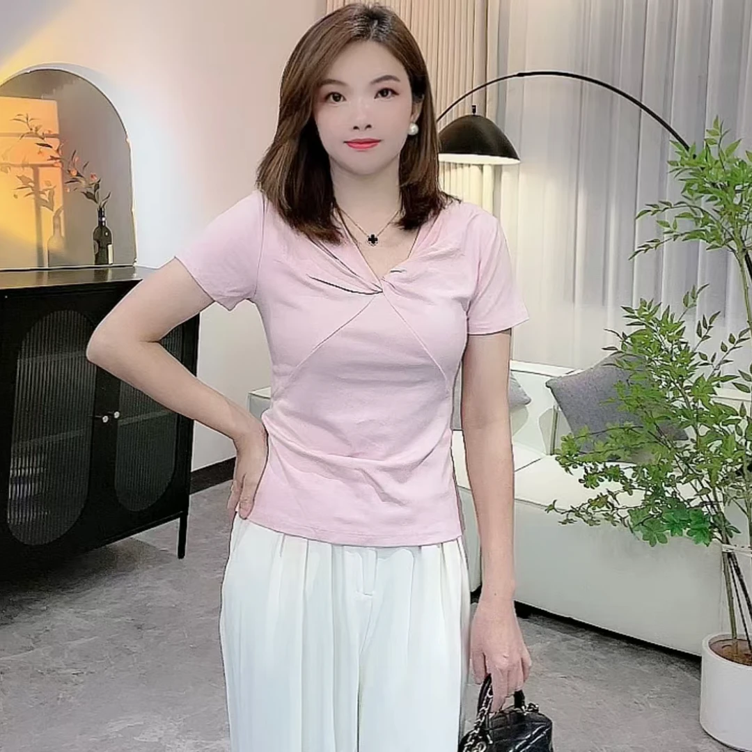 设计感不规则夏季新款修身显瘦正肩女T恤时尚洋气百搭V领短袖上衣