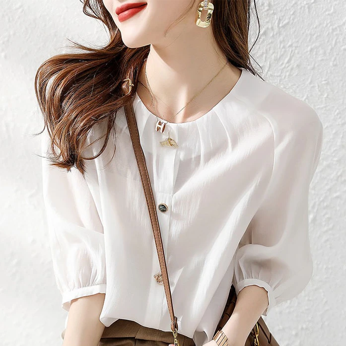职业阿玛诗官哥家专柜2025春夏季新款圆领休闲褶皱五分袖衬衫女款
