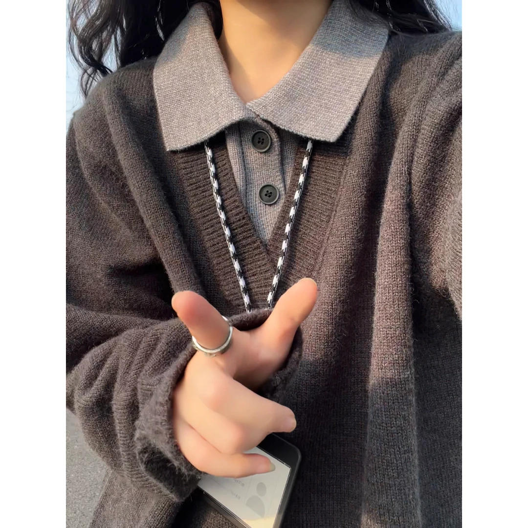 V37美式假两件polo领卫衣翻领针织潮牌氛围感保暖情侣毛外套