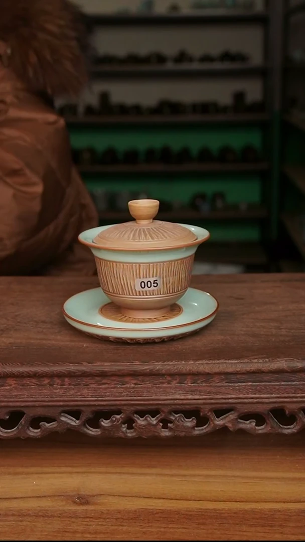 杯005号天青重工三才元宝盖碗微微不完美