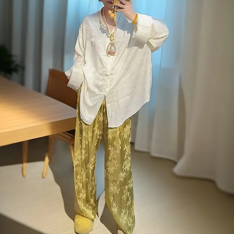 新中式缎面提花富贵竹高腰显瘦阔腿裤气质百搭松紧长裤蕾丝