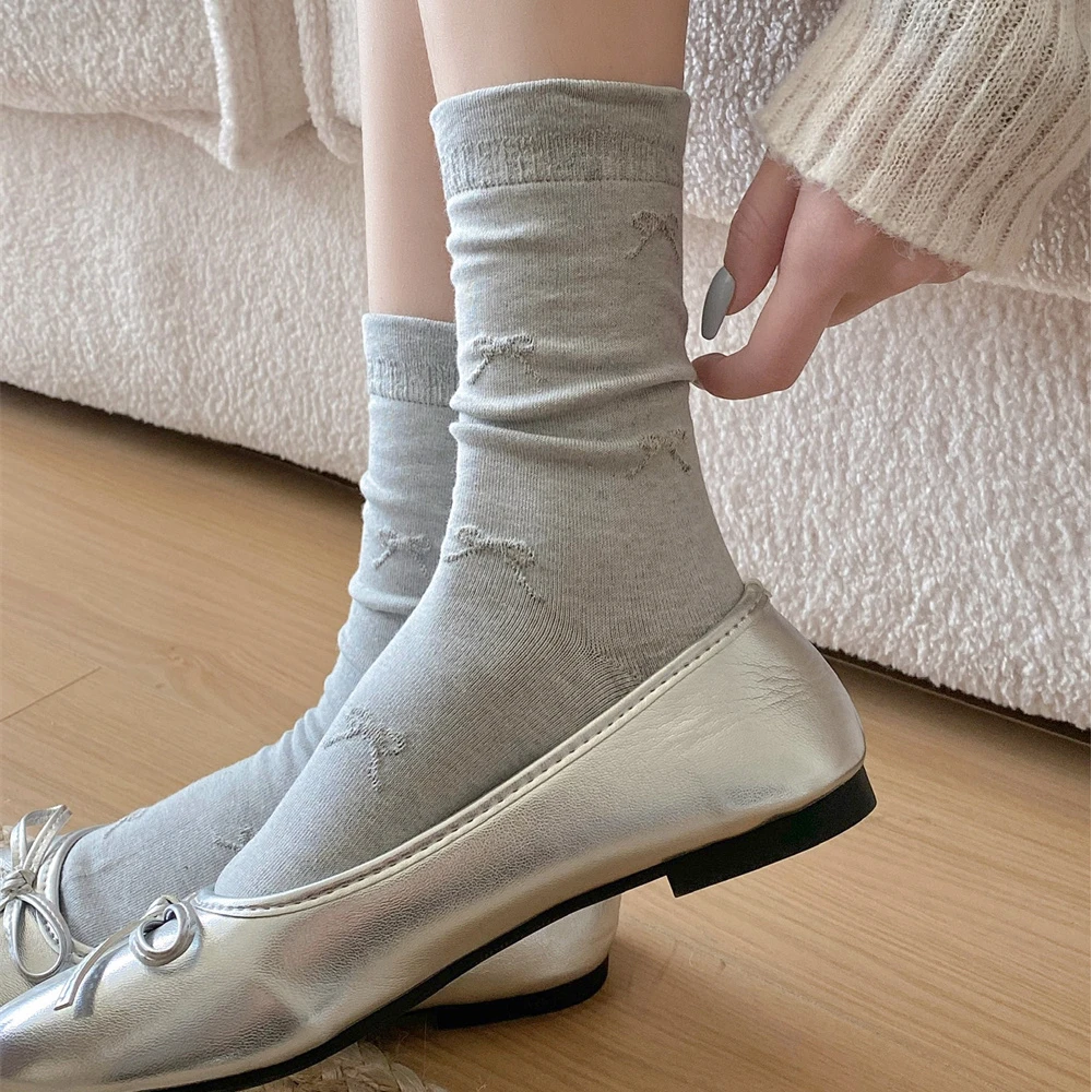 秋季芭蕾风蝴蝶结袜子女中筒袜花边长袜春夏纯色极简春秋堆堆袜