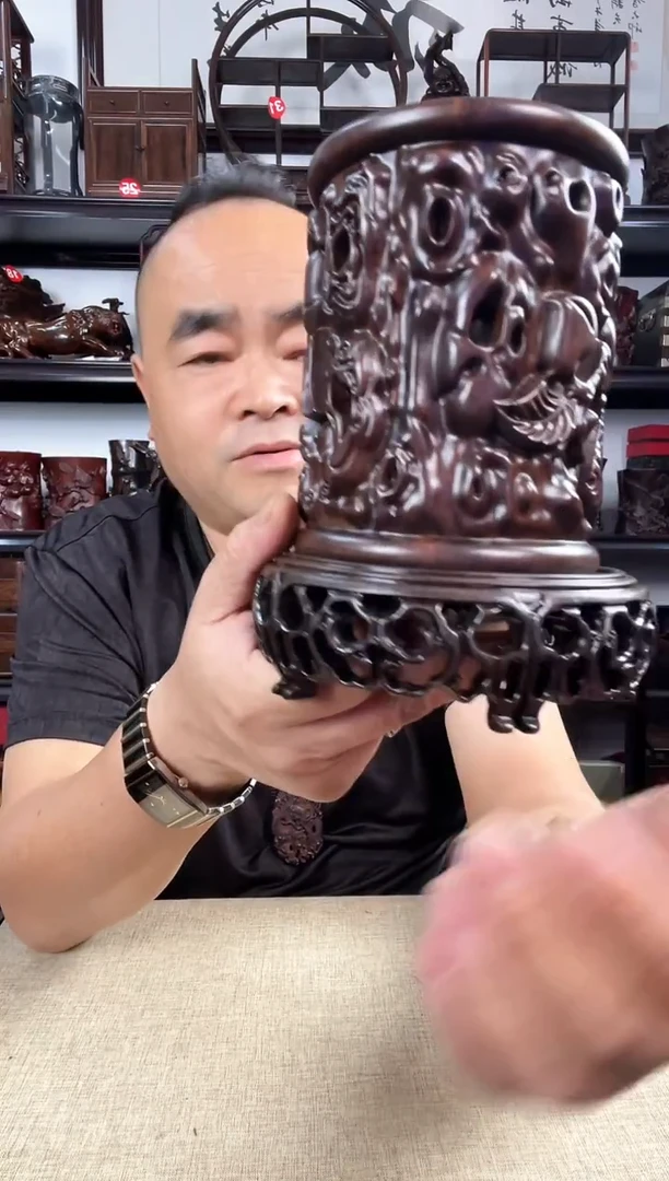木新款3+寿桃笔筒老李红木工艺品