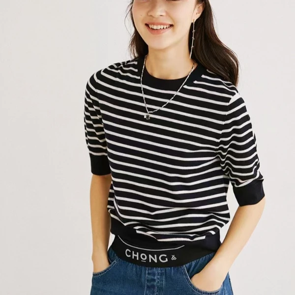 减龄百搭~精纺羊毛夏季上衣修身显瘦时尚条纹休闲外穿针织薄款