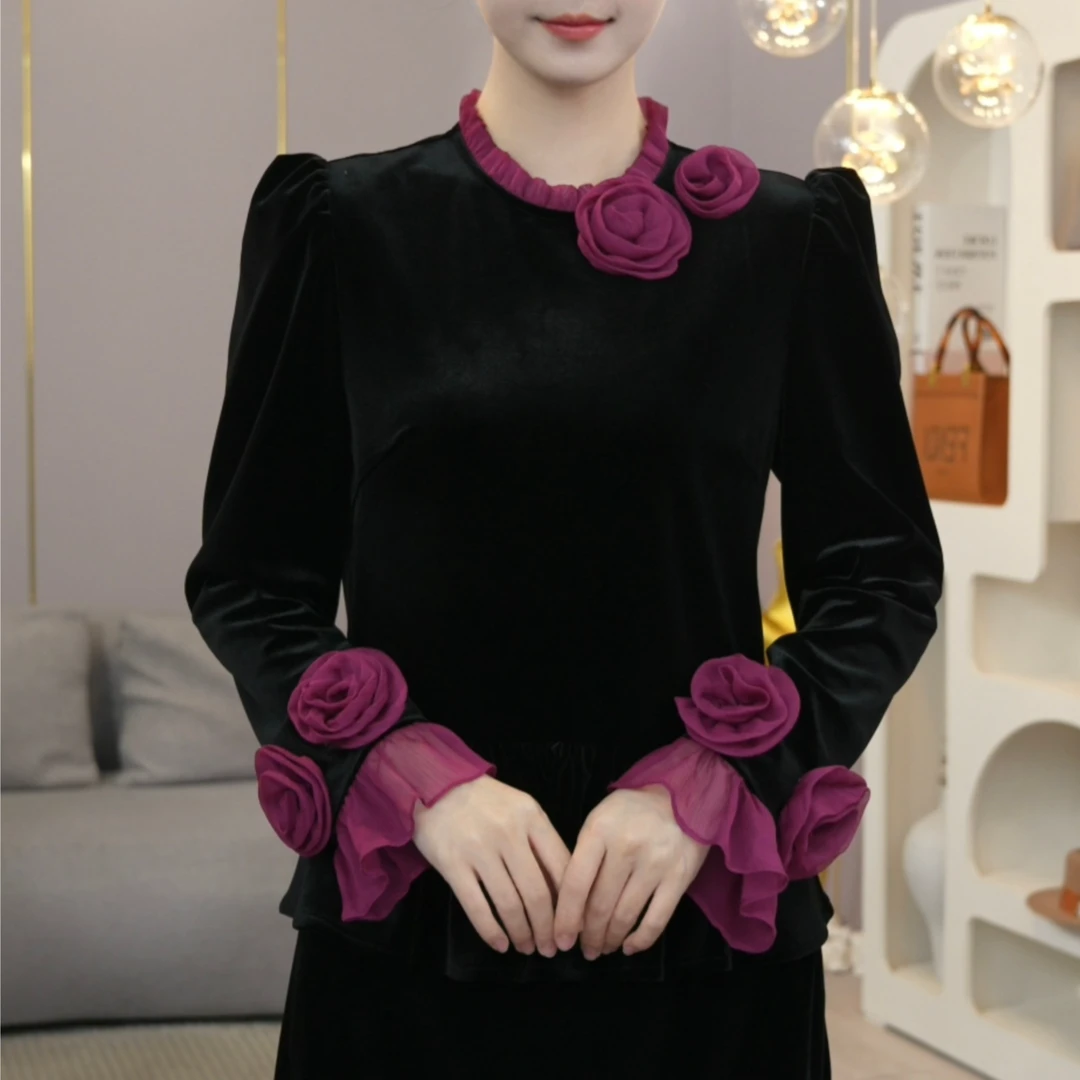 现货2025秋冬新款【ZM23-Q165】轻奢丝绒百搭时尚显瘦黑色小众上衣