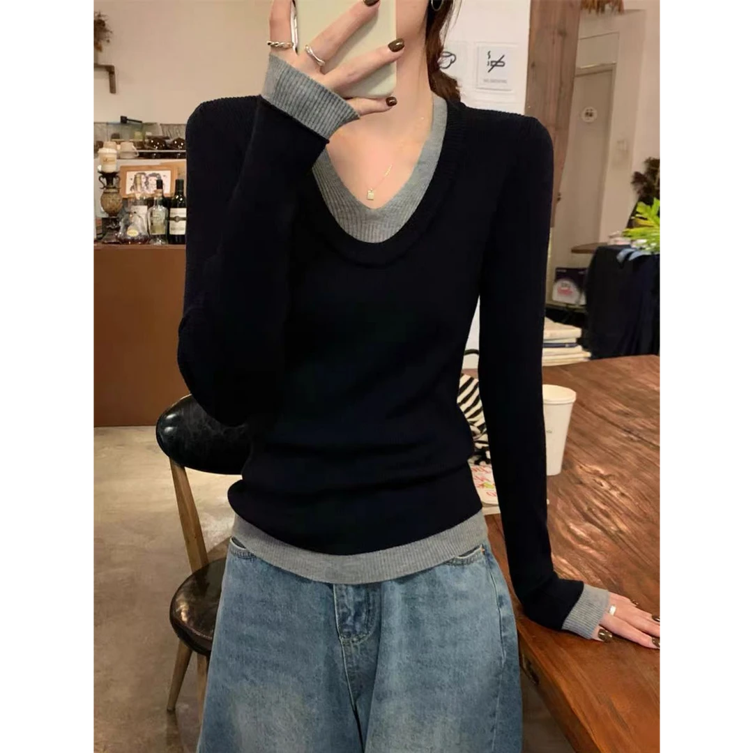 设计感撞色气质修身V领长袖女秋冬新款别致内搭高级感打底衫