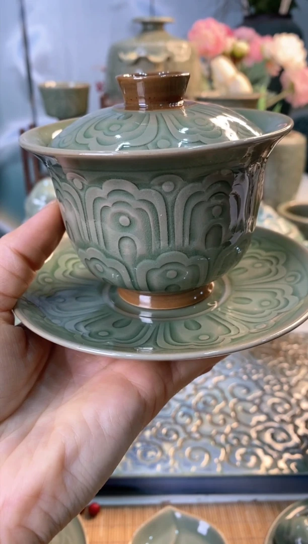 【闪购商品】90007手工刻花三才盖碗如意宝相