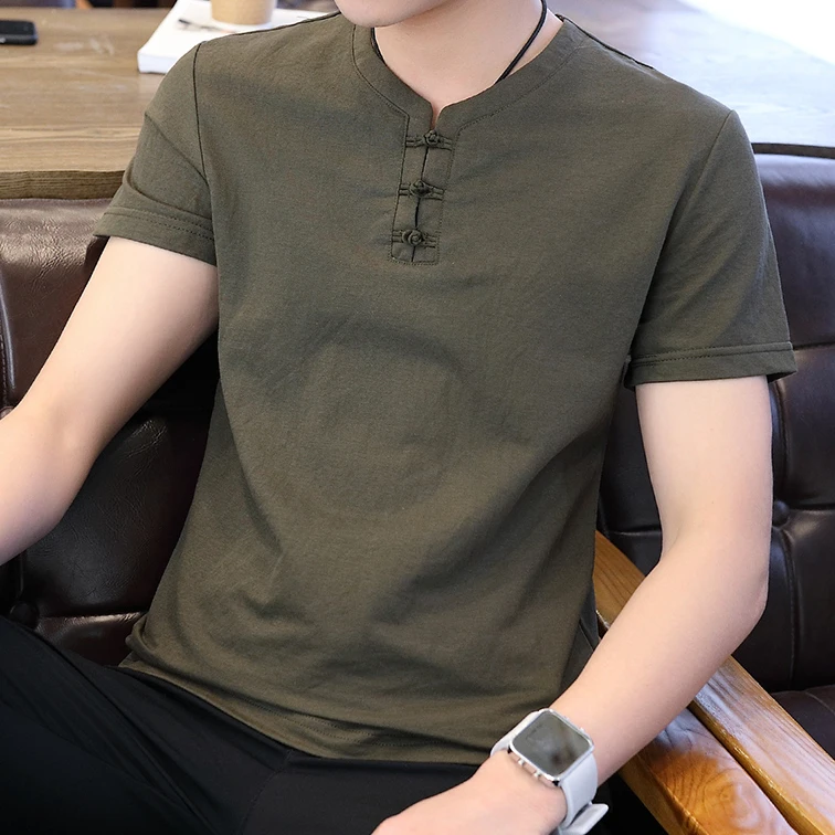 男士短袖T恤潮流夏季中国风v领半袖棉麻休闲男装夏装2025新款上衣
