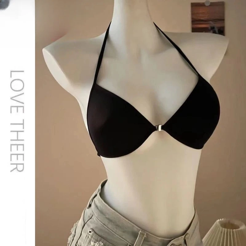 爆款法式前扣交叉挂脖美背露背小胸内衣薄款细带无钢圈无痕文胸夏