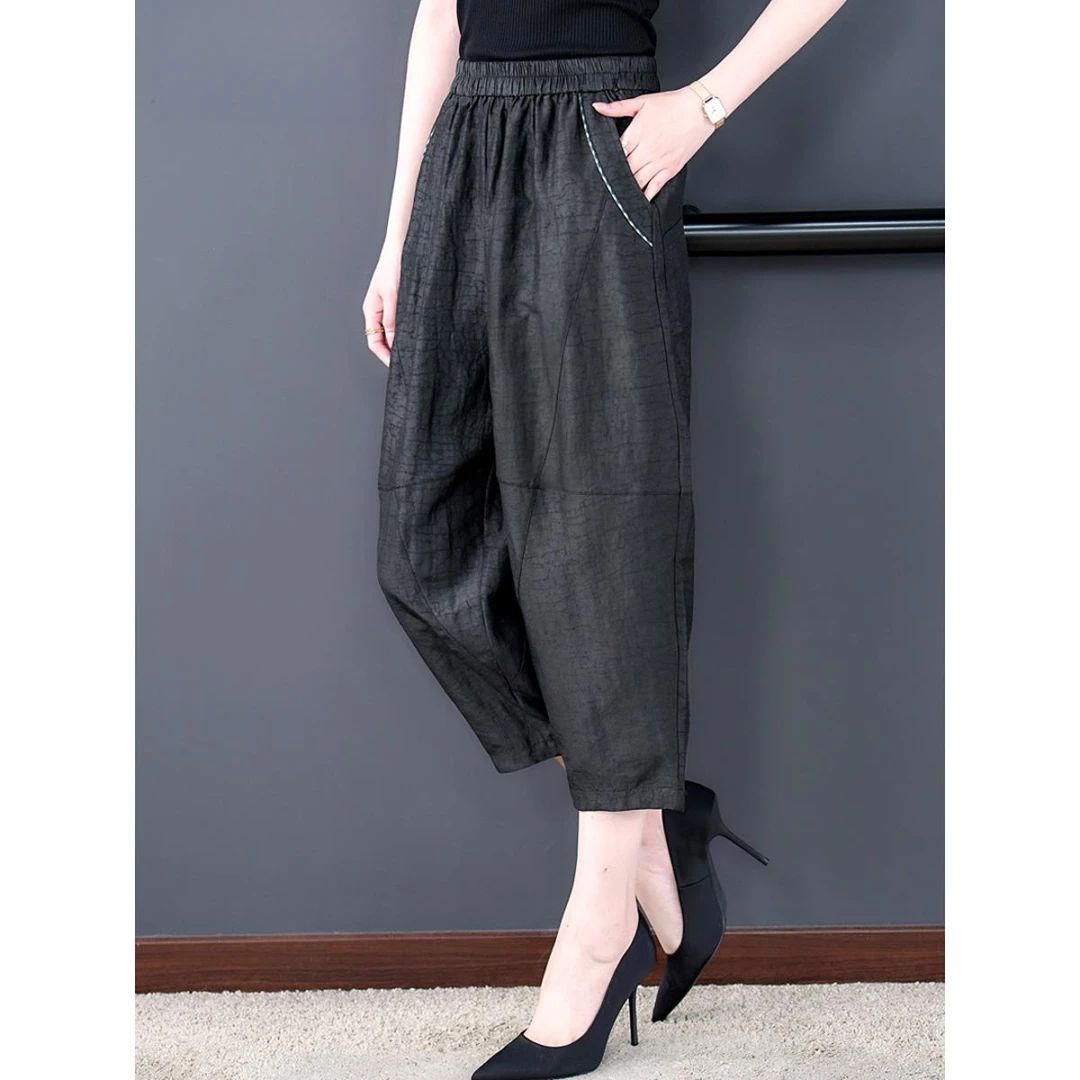 妈妈夏装七分裤子女2025夏季新款龟裂纹阔腿裤休闲哈伦萝卜老爹裤