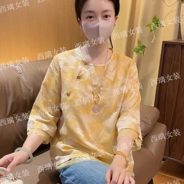 【云霞】夏季七分袖短袖女士新中式国风打底衫上衣宽松衬衫复古