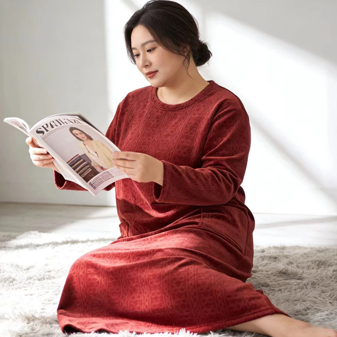 海岛绒大码睡裙女秋冬胖mm红色本命年珊瑚绒家居长款睡衣裙200斤