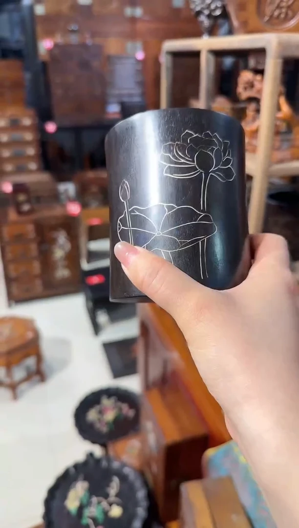 【闪购商品】木木艺紫檀荷花银丝笔筒368.88888