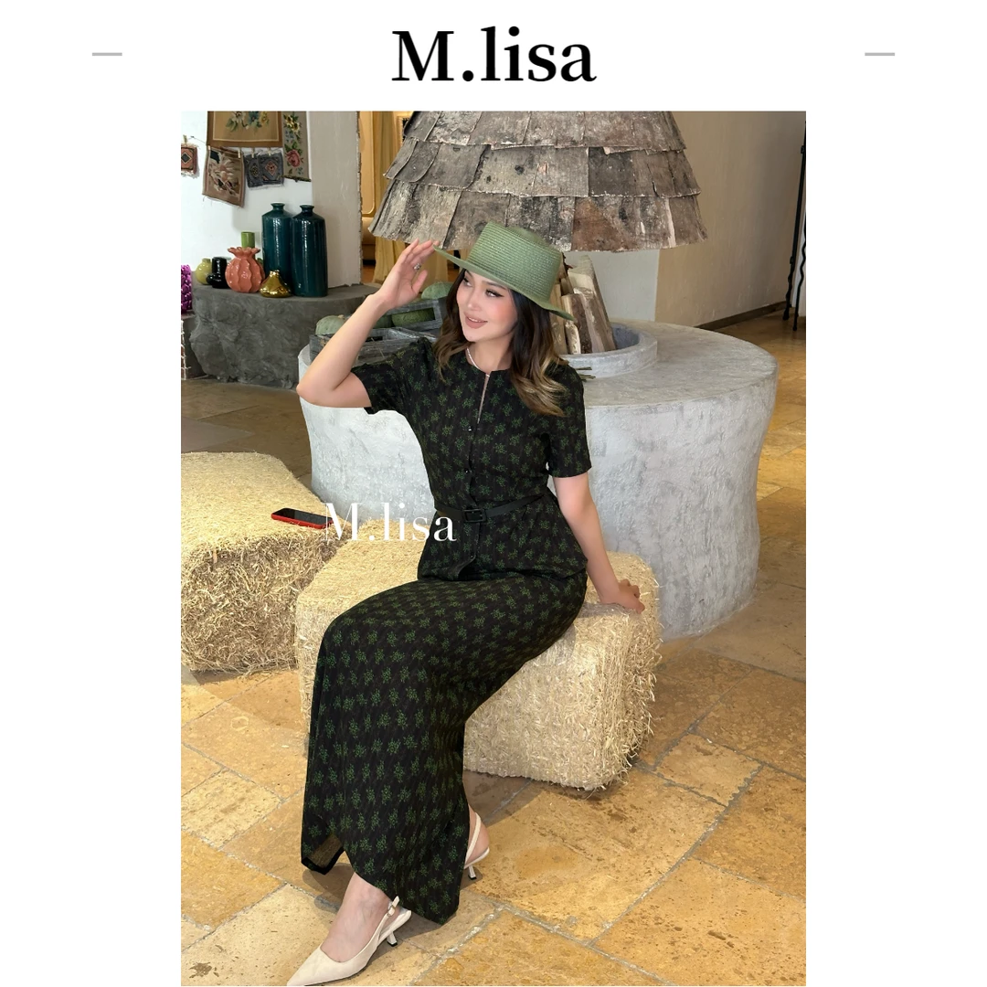 M.lisa原创法式优雅风收腰显瘦气质棉麻提花的设计两件套+腰带