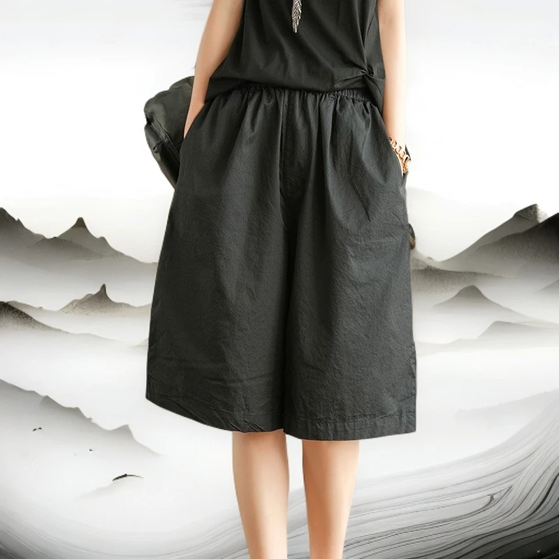 外贸原单清仓高端尾单文艺阔腿中裤女松紧腰纯色棉休闲五分裤子