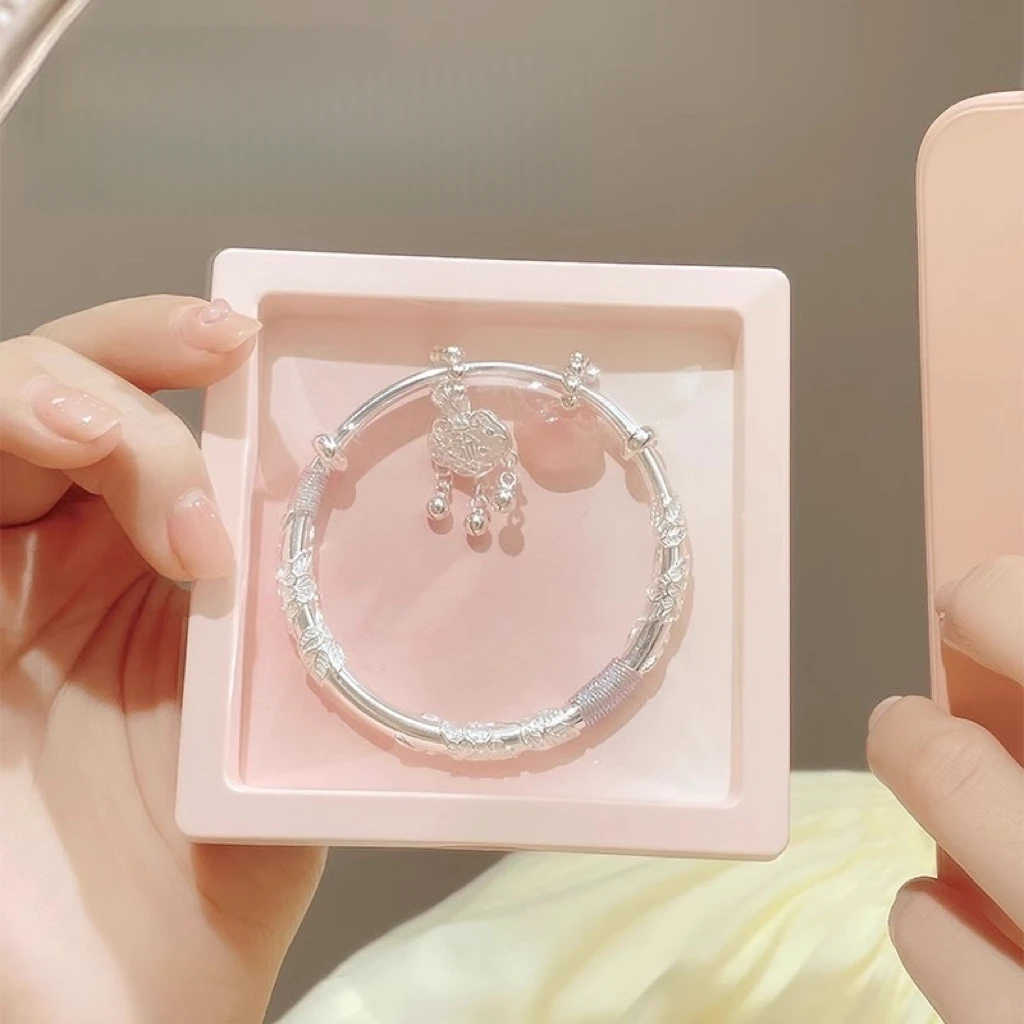 足银手镯 传承纯银繁花锁吊坠推拉开口款手镯绳送女友闺蜜礼物