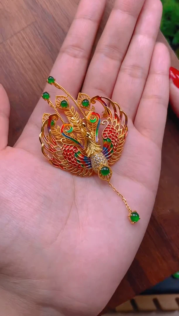 吊坠(不含链)银S925镶嵌翡翠凤凰胸针