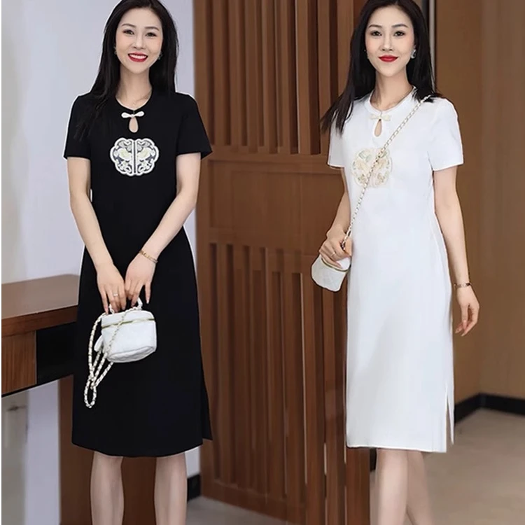 国风时尚宽松显瘦气质开叉裙子潮2025夏季新款休闲连衣裙女中长款